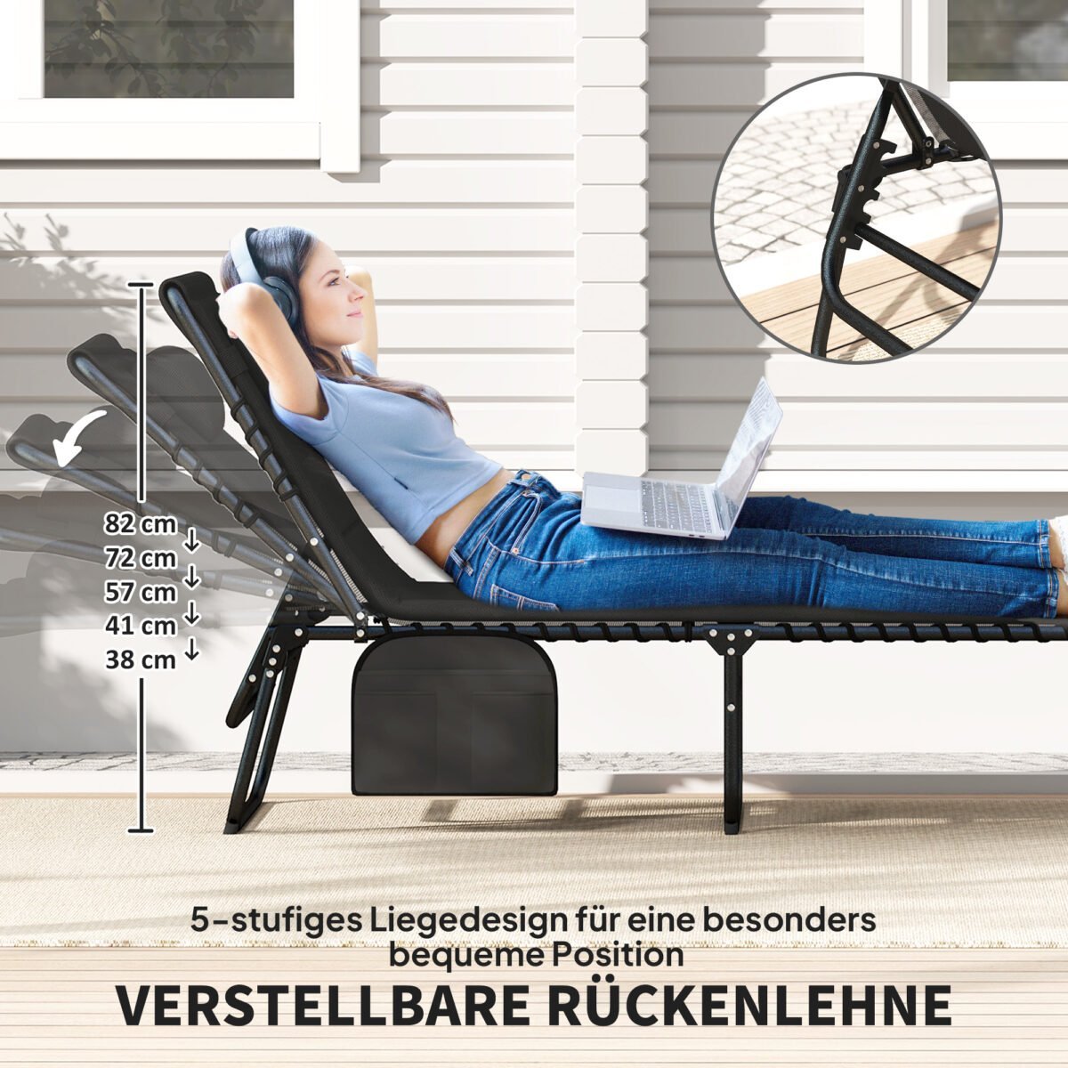 2 vnt. sulankstomų sodo gultų rinkinys su 5 padėčių reguliuojamais atlošais ir šoninėmis kišenėmis – Paveikslėlis 4