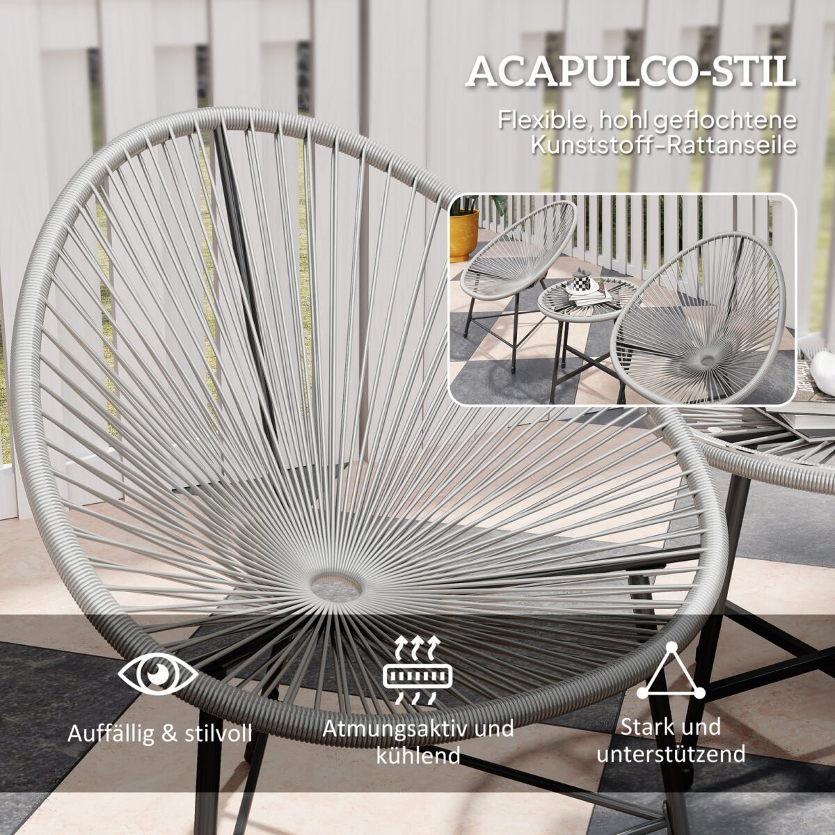 3 dalių Akapulko stiliaus balkono baldų komplektas – PE ratano krėslai ir stalas su stikliniu stalviršiu – Paveikslėlis 5