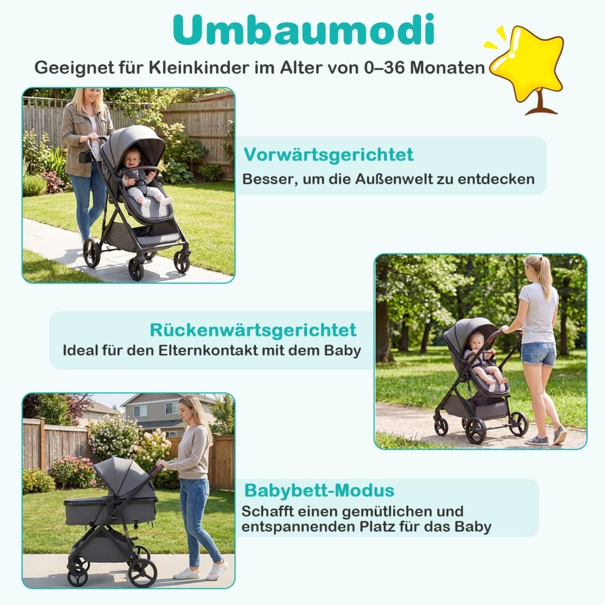 Universalus vežimėlis su keičiamos krypties sėdyne ir gulima funkcija 3-in-1 (Pilka) – Paveikslėlis 4