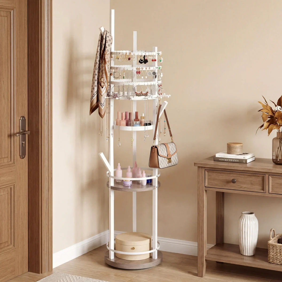 Besisukantis papuošalų laikiklis su daugiafunkcinėmis lentynomis auskarams ir karoliams 360° (Balta) – Paveikslėlis 4