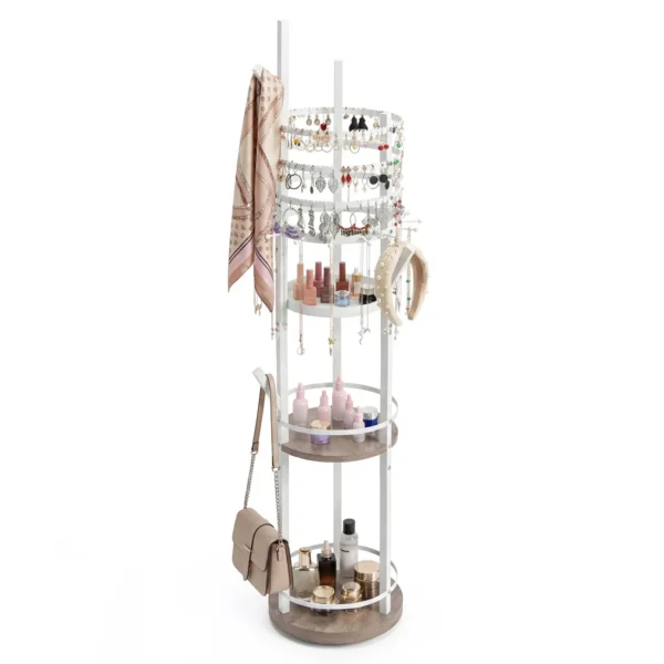 Besisukantis papuošalų laikiklis su daugiafunkcinėmis lentynomis auskarams ir karoliams 360° (Balta)