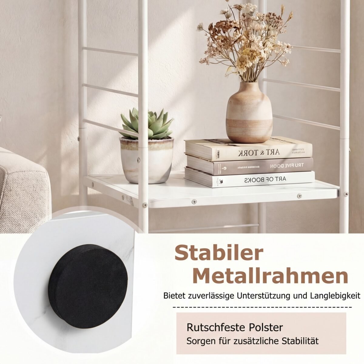 Besisukanti 4 aukštų knygų lentyna su metaliniu rėmu (Balta) – Paveikslėlis 5