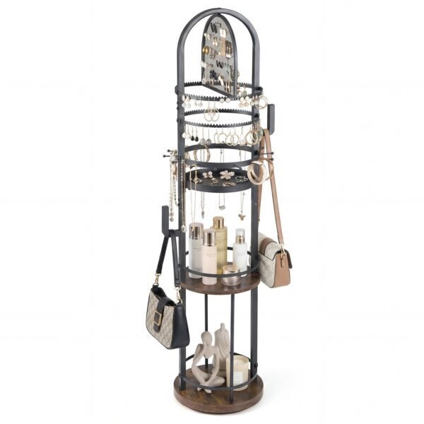 360° pasukamas papuošalų stovas su auskarų ir kaklo papuošalų laikikliais (Ruda + Juoda)