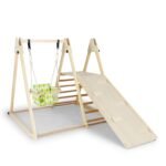 4-in-1 medinė Montessori laipiojimo konstrukcija su sūpuoklėmis ir čiuožykla (Natūrali)