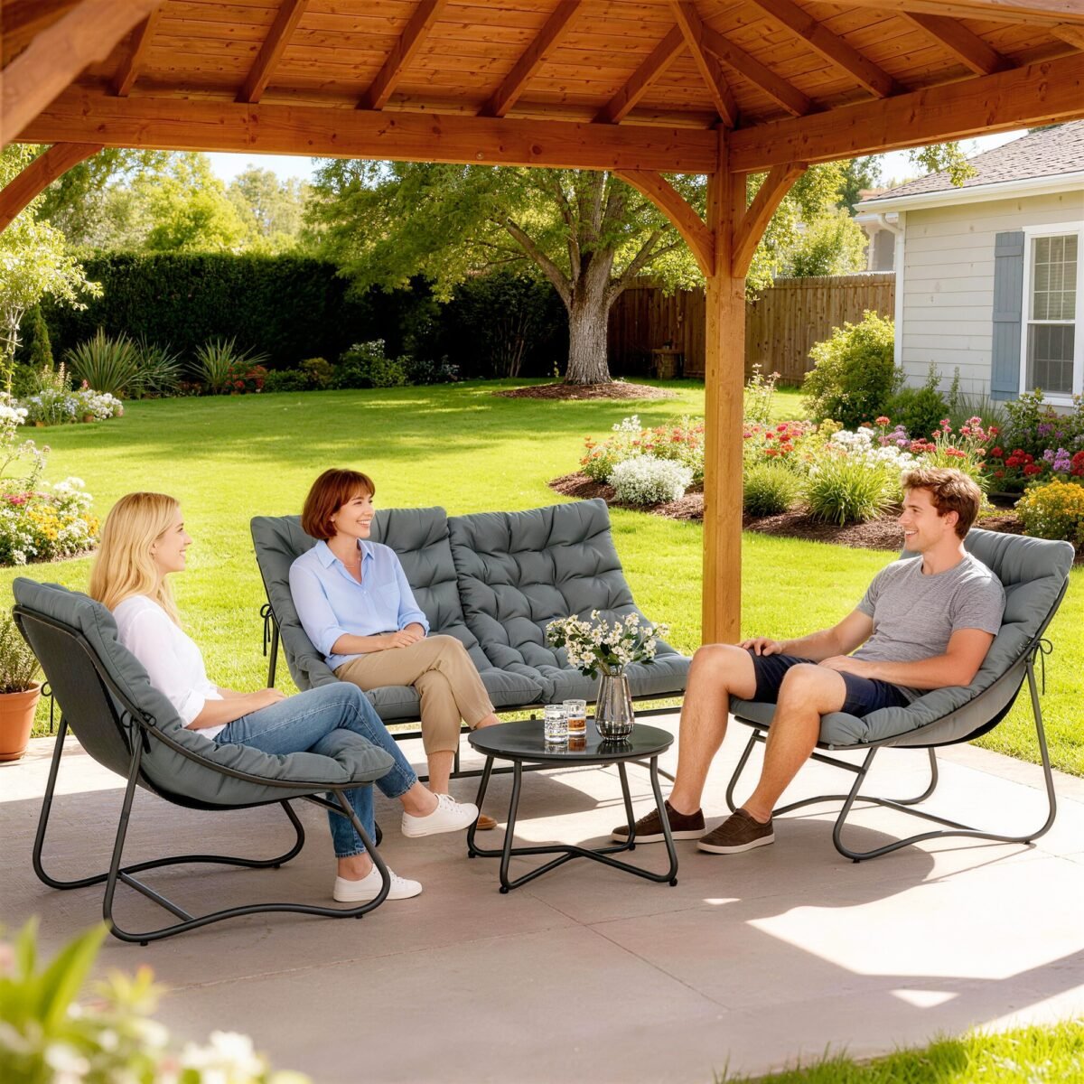 4 vietų lauko baldų komplektas su storomis pagalvėmis ir plieniniu rėmu – Paveikslėlis 2