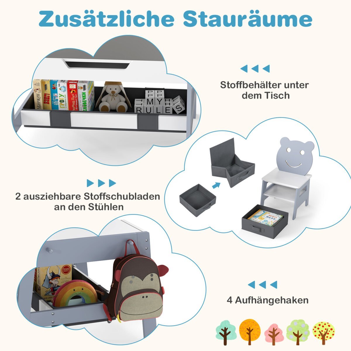 Vaikiškas veiklos stalas su dvipuse lenta ir 2 kėdutėmis (Pilka) – Paveikslėlis 4