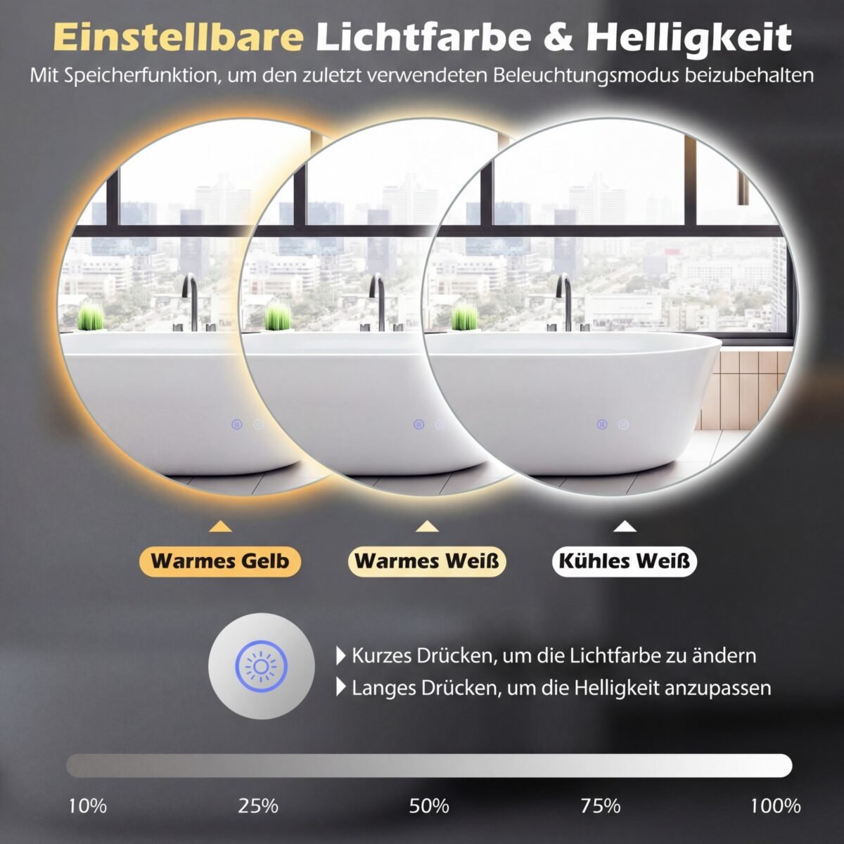 Apvalus LED vonios veidrodis su apsauga nuo rasojimo ir reguliuojamu apšvietimu (Sidabrinė) – Paveikslėlis 4