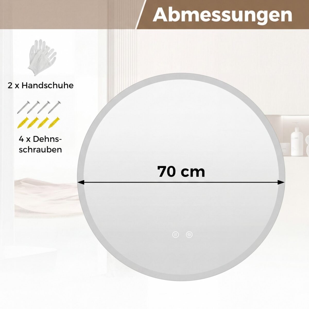 Apvalus LED vonios veidrodis su reguliuojamu apšvietimu ir apsauga nuo rasojimo (Sidabrinė) – Paveikslėlis 2