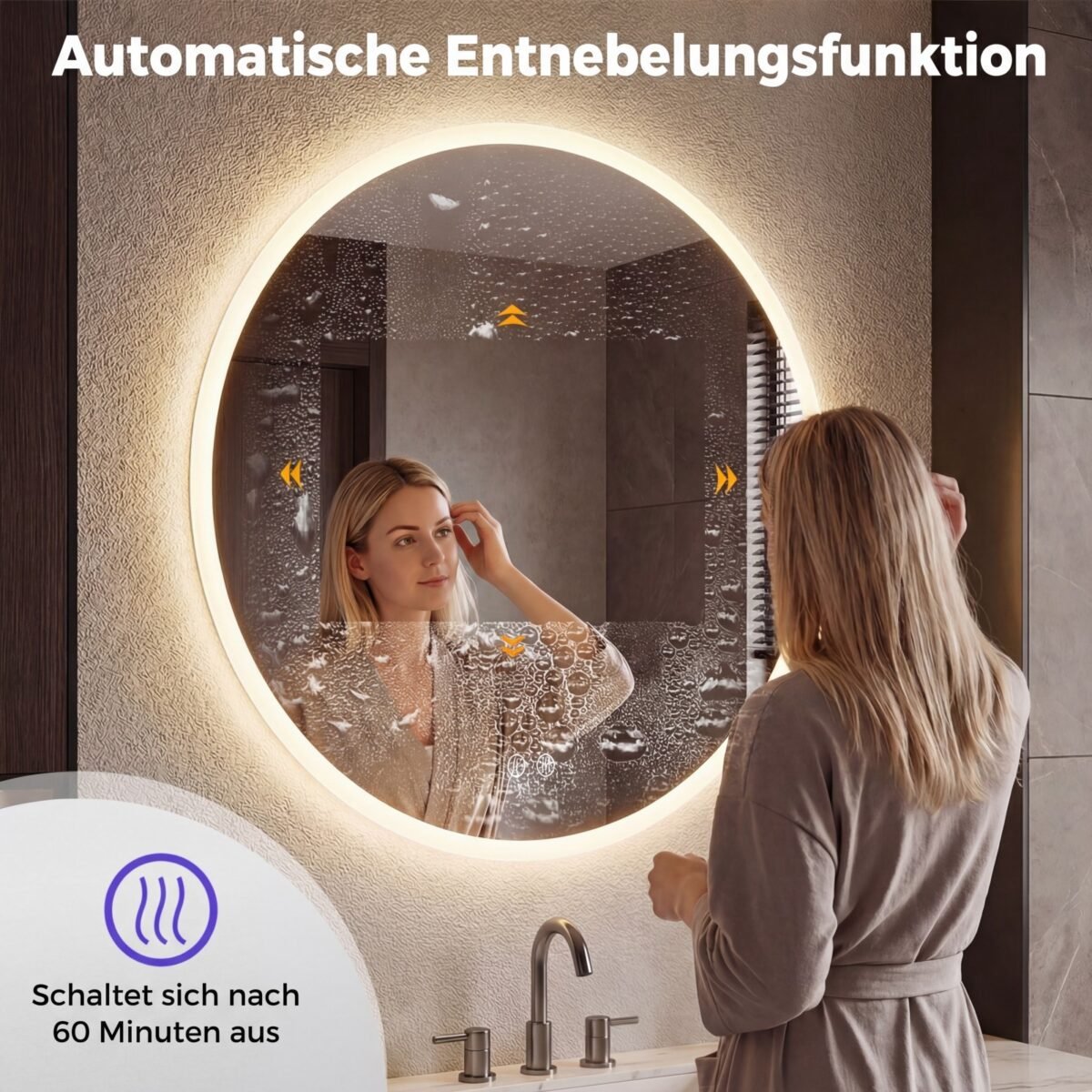 Apvalus LED vonios veidrodis su reguliuojamu apšvietimu ir apsauga nuo rasojimo (Sidabrinė) – Paveikslėlis 4