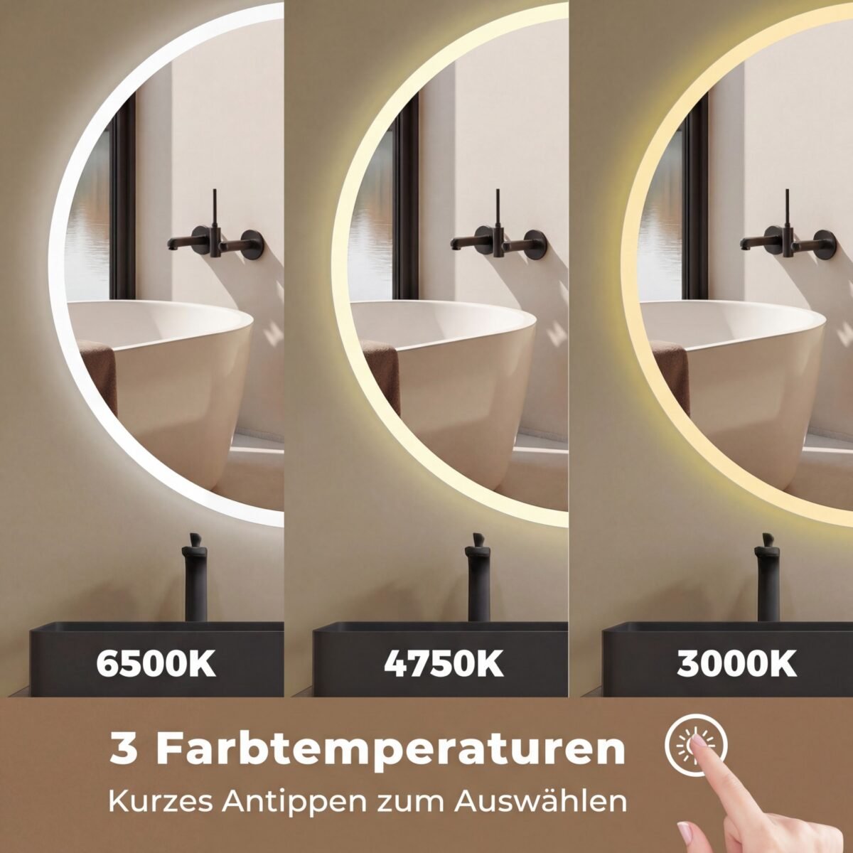 Apvalus LED vonios veidrodis su reguliuojamu apšvietimu ir apsauga nuo rasojimo (Sidabrinė) – Paveikslėlis 5