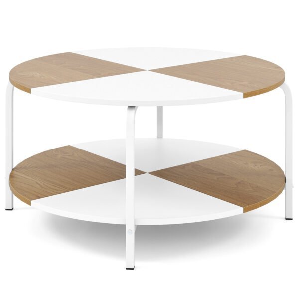 Apvalus kavos staliukas su lentyna ir metaliniu rėmu (Natūrali ir balta)