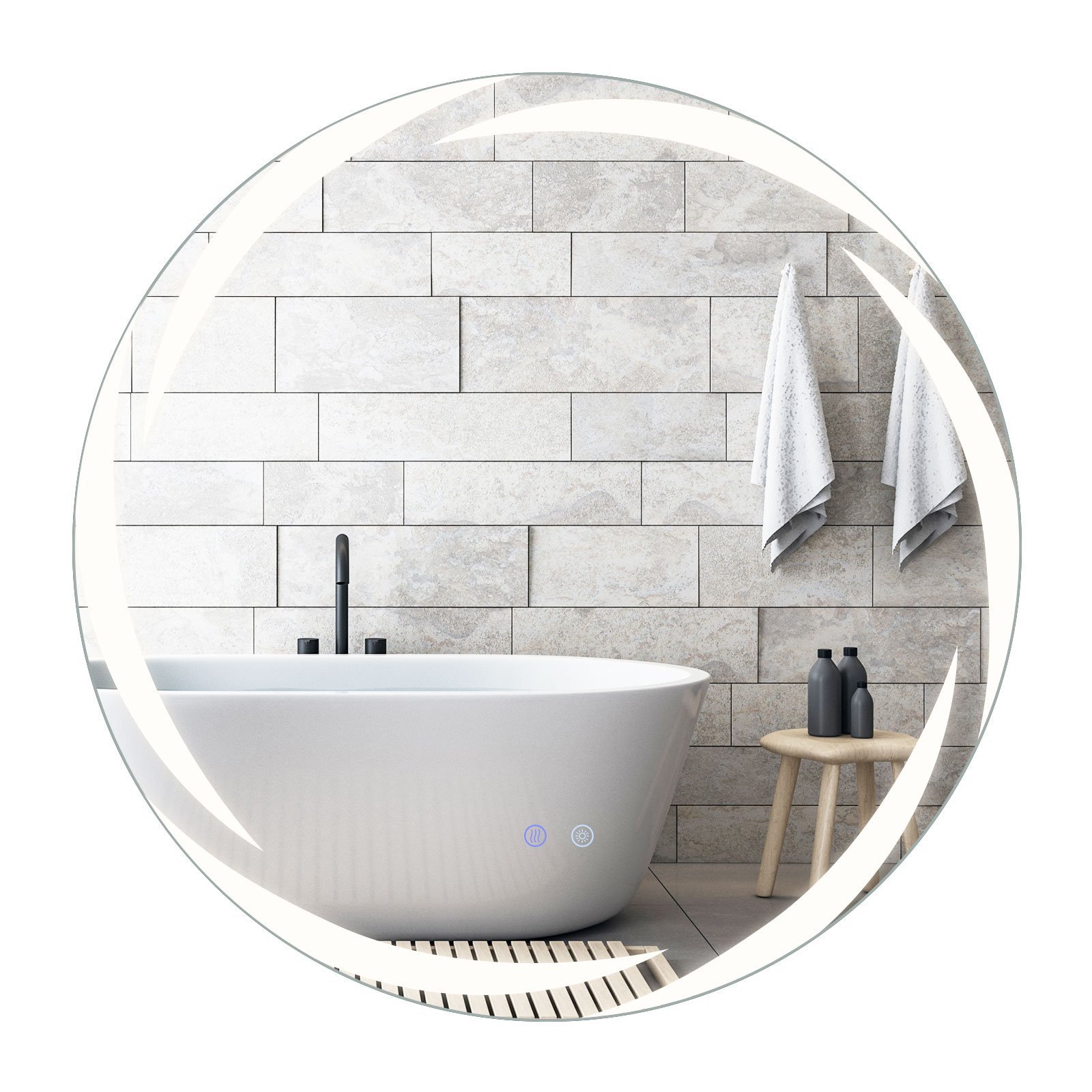 Apvalus sieninis LED veidrodis su pritemdomu apšvietimu ir funkcija nuo rasojimo (Sidabrinė)