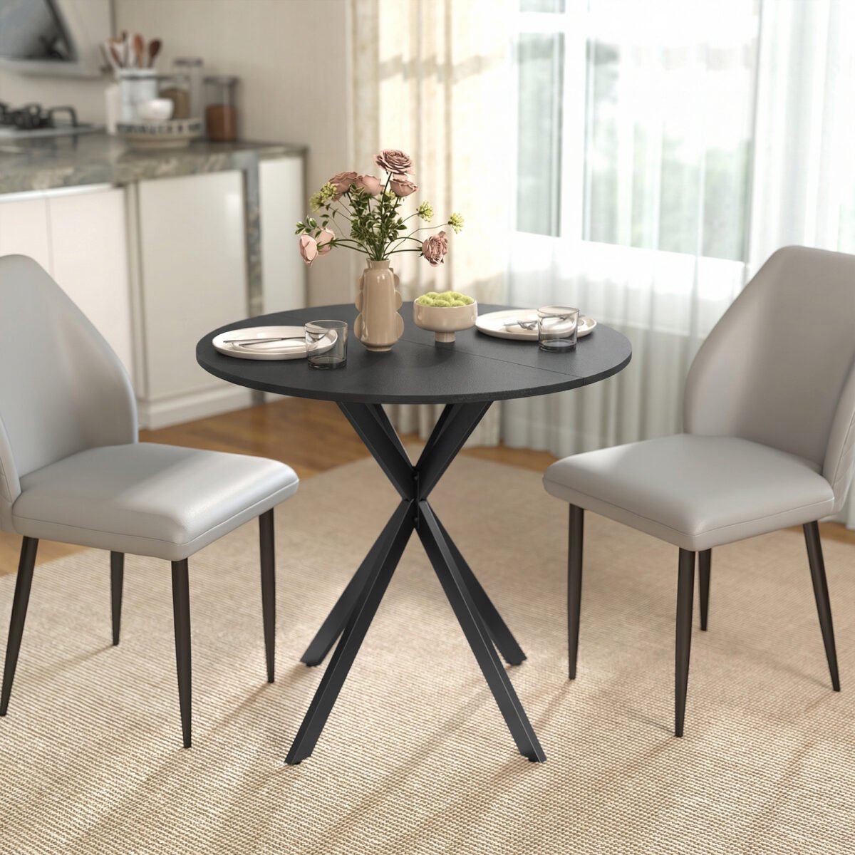 Apvalus valgomojo stalas medžio imitacijos paviršiumi ir X formos kojomis 80 cm – Paveikslėlis 2