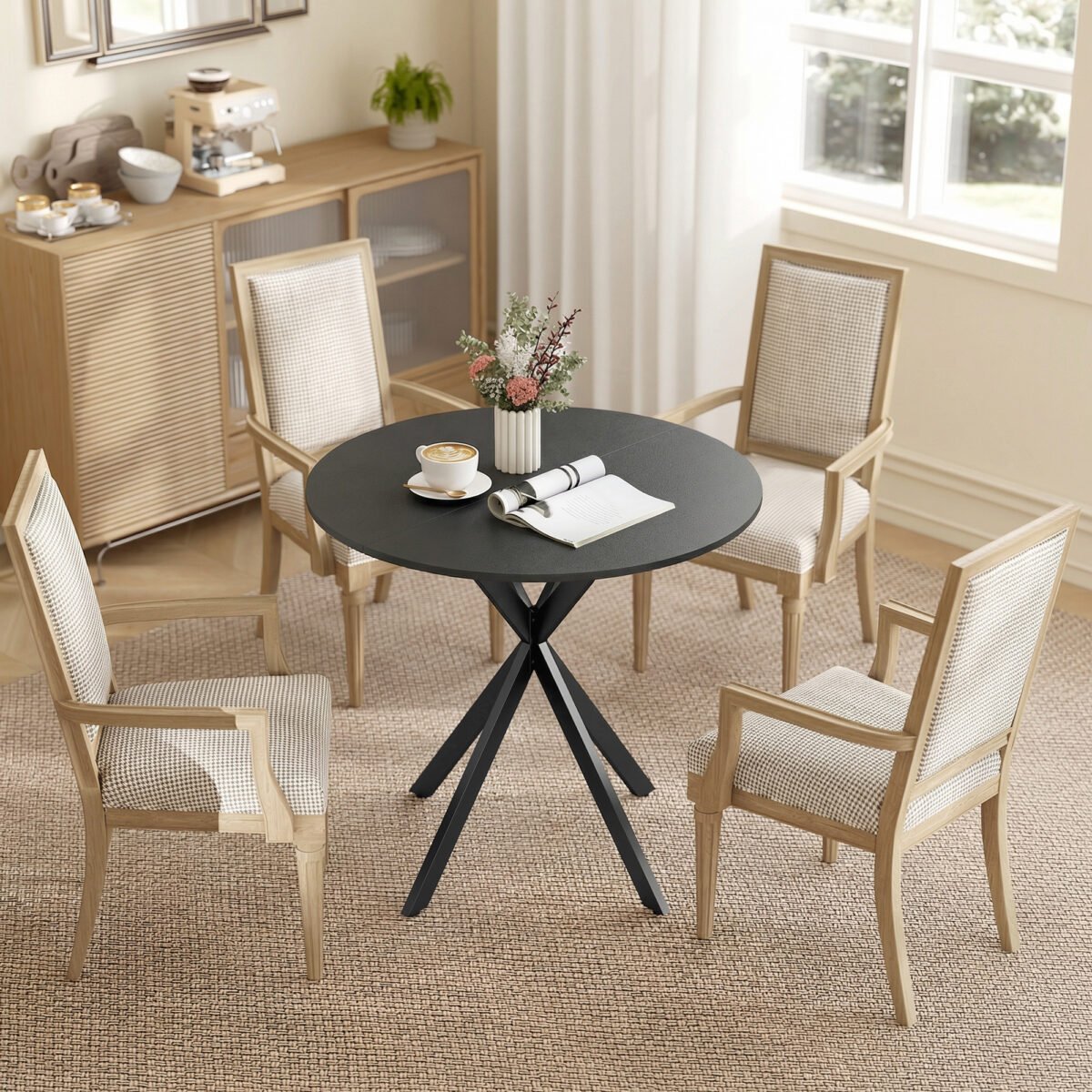 Apvalus valgomojo stalas medžio imitacijos paviršiumi ir X formos kojomis 80 cm – Paveikslėlis 7