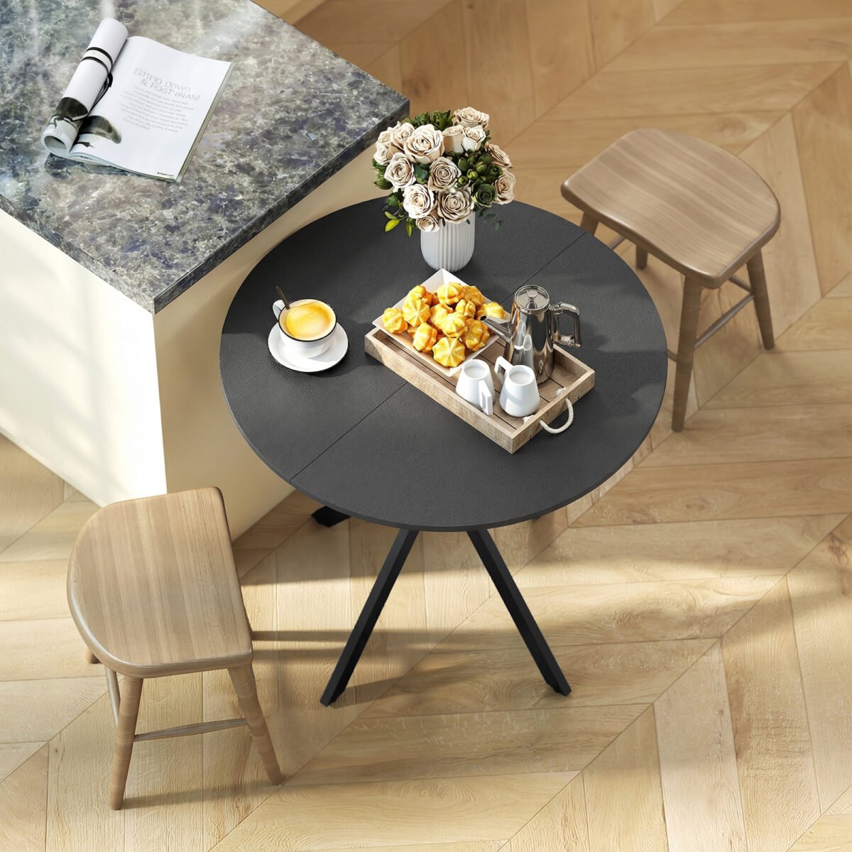 Apvalus valgomojo stalas medžio imitacijos paviršiumi ir X formos kojomis 80 cm – Paveikslėlis 9