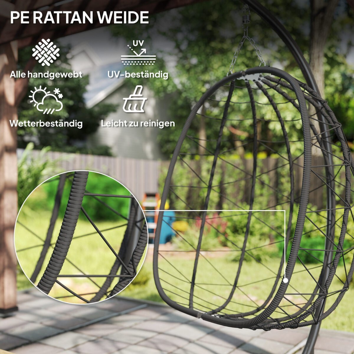 Atsparus oro sąlygoms kabantis kiaušinio formos lauko krėslas su patogia pagalvėle – Paveikslėlis 7