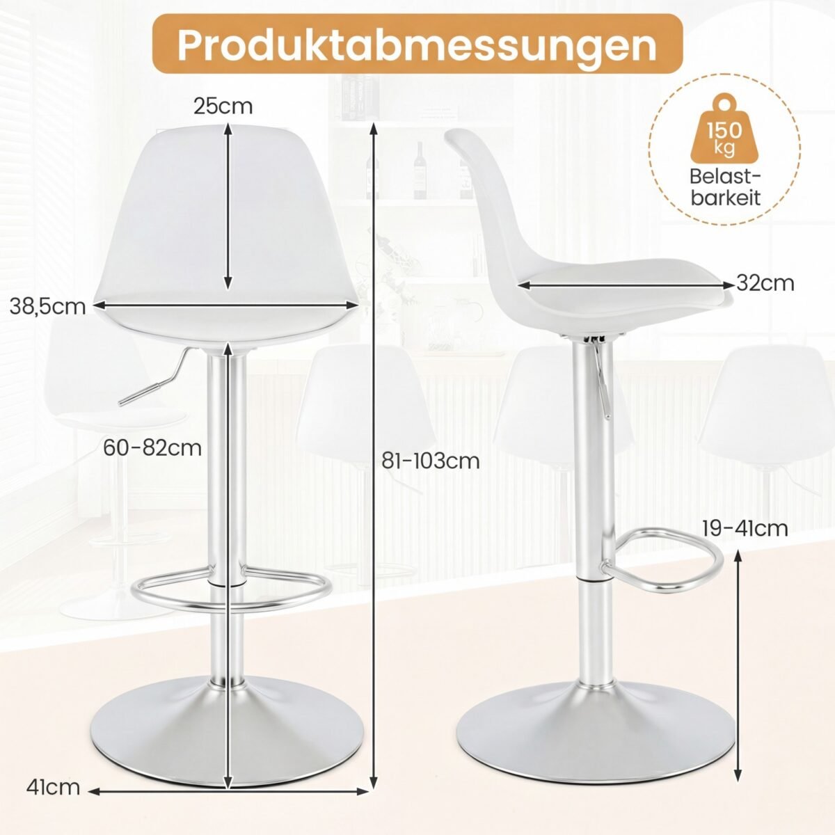 Aukščio reguliuojamų ir 360° pasukamų baro kėdžių dviejų dalių komplektas (Balta) – Paveikslėlis 2