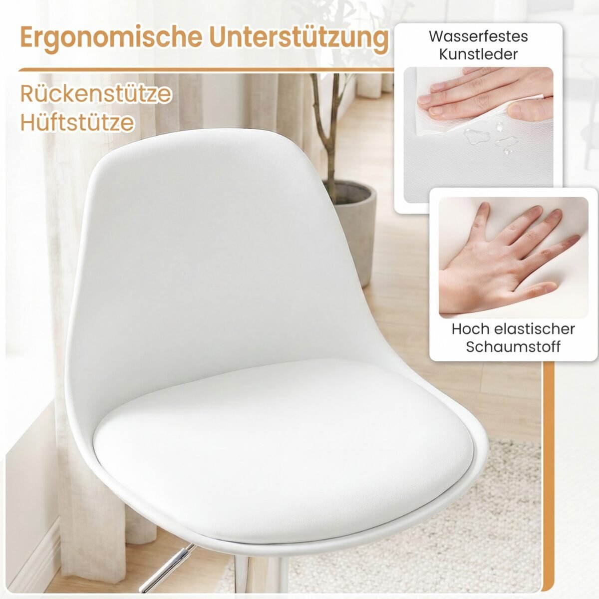 Aukščio reguliuojamų ir 360° pasukamų baro kėdžių dviejų dalių komplektas (Balta) – Paveikslėlis 4