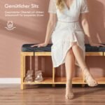 Bambusinis prieškambario suoliukas su paminkštinta sėdyne ir atvira lentyna