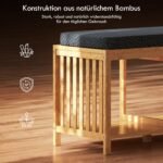 Bambusinis prieškambario suoliukas su paminkštinta sėdyne ir atvira lentyna