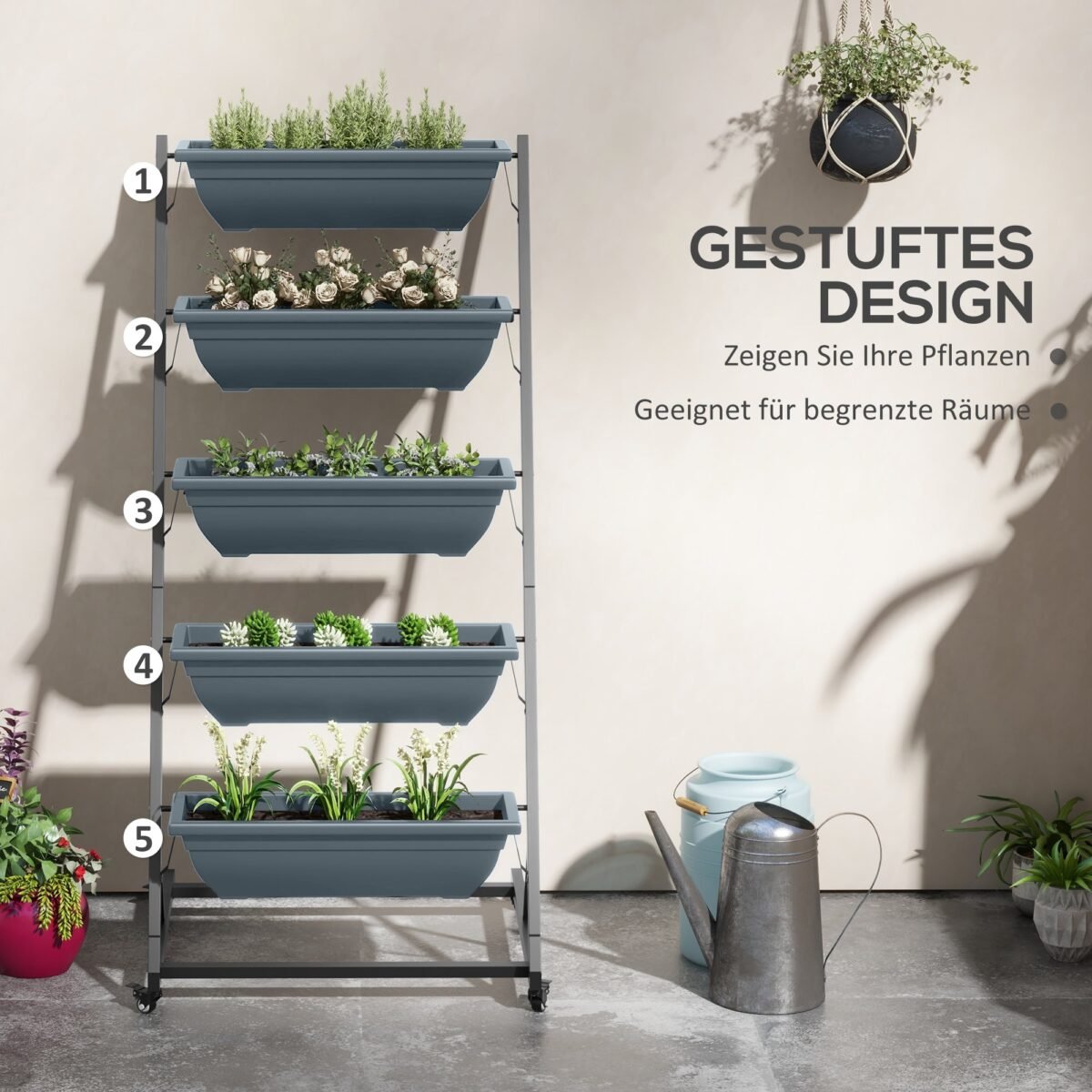 Daugiaaukštė oro sąlygoms atspari augalų lentyna su 5 vazonais – Paveikslėlis 4