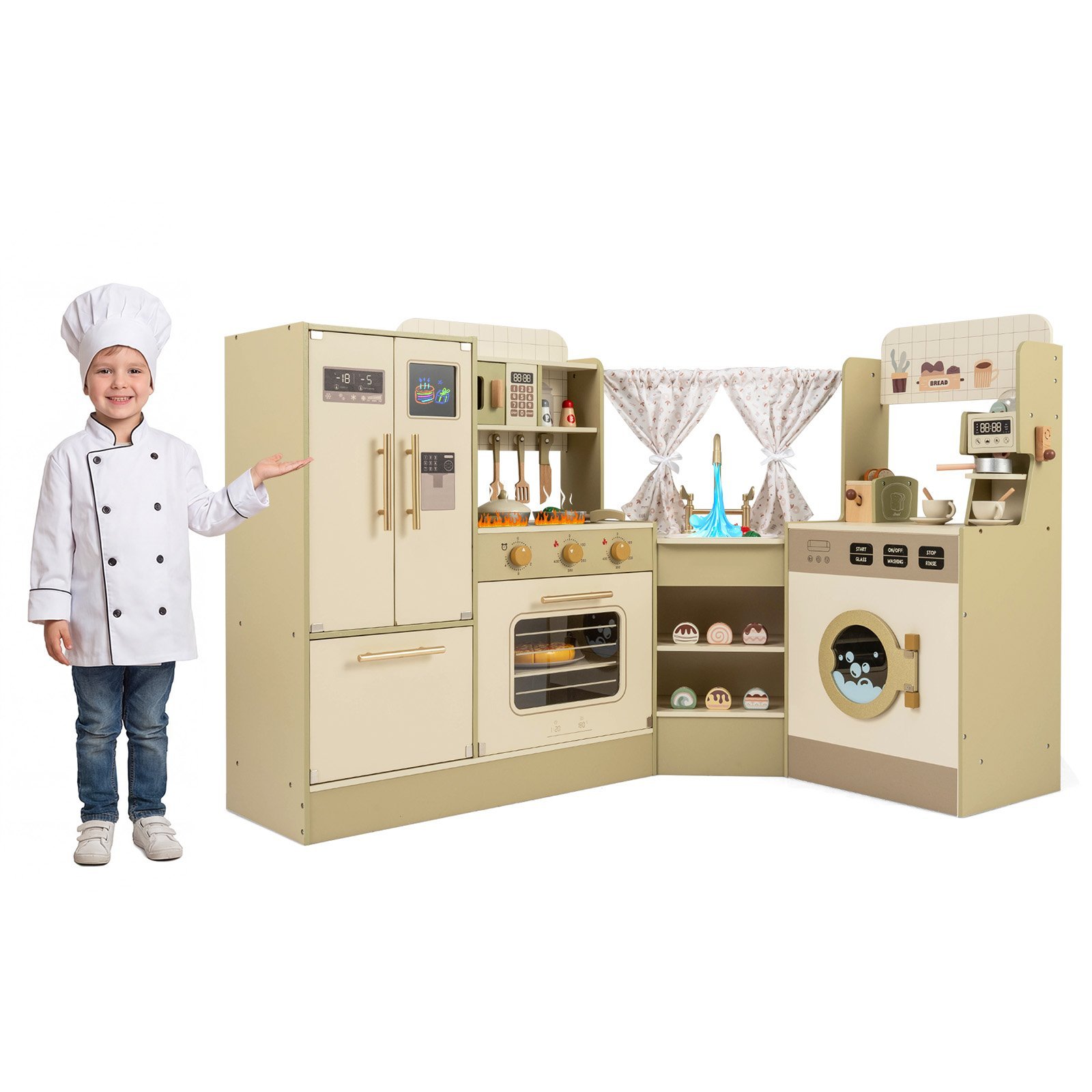 Daugiafunkcinė kampinė vaikiška virtuvėlė su virykle ir vandens čiaupu (Žalia)