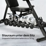 Daugiafunkcinis treniruočių suoliukas su plačiai reguliuojama nugaros atrama ir sėdyne bei svorių laikikliu
