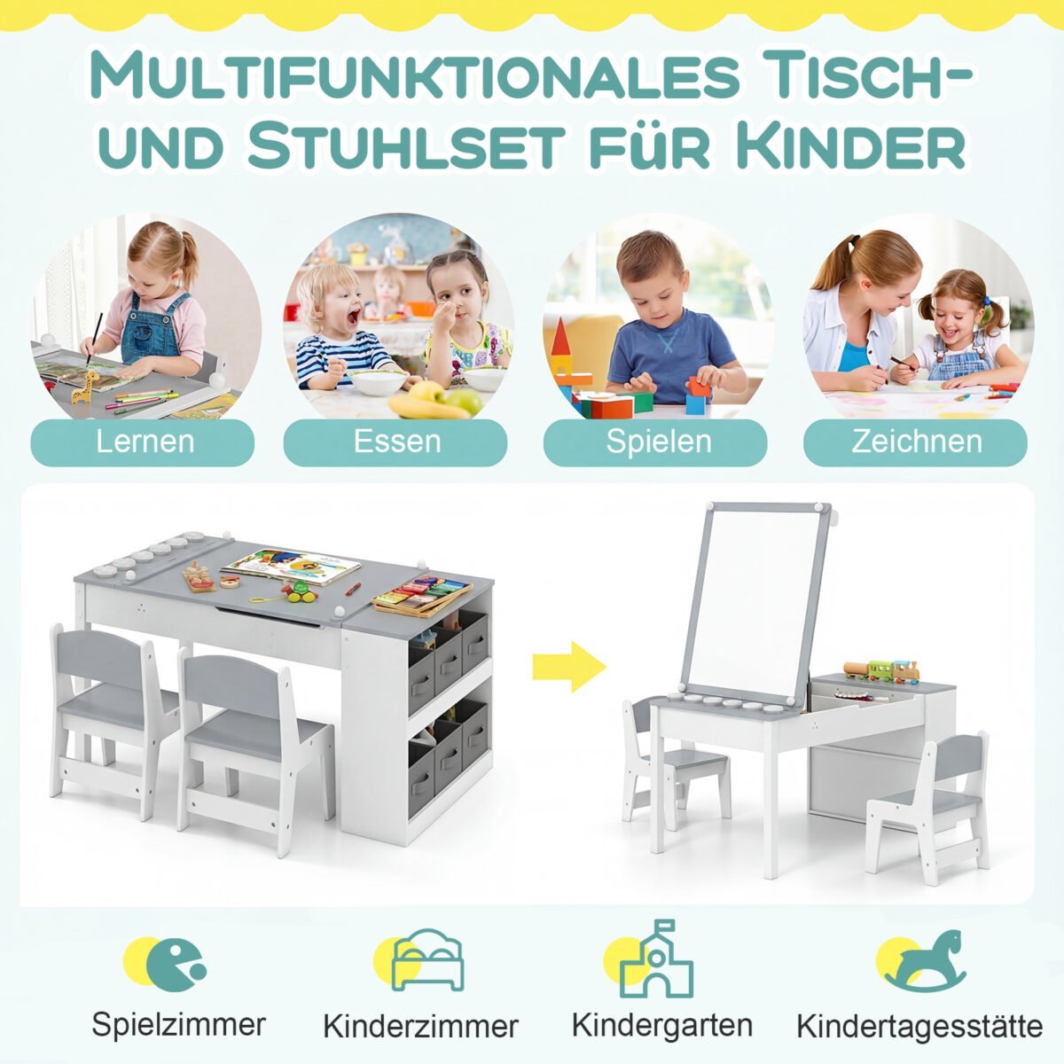 Daugiafunkcis 2-in-1 vaikiškas piešimo staliukas ir molbertas su 2 kėdutėmis (Pilka) – Paveikslėlis 3