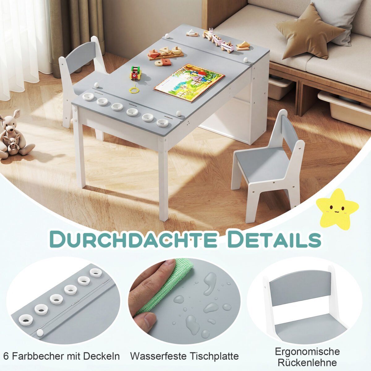 Daugiafunkcis 2-in-1 vaikiškas piešimo staliukas ir molbertas su 2 kėdutėmis (Pilka) – Paveikslėlis 4