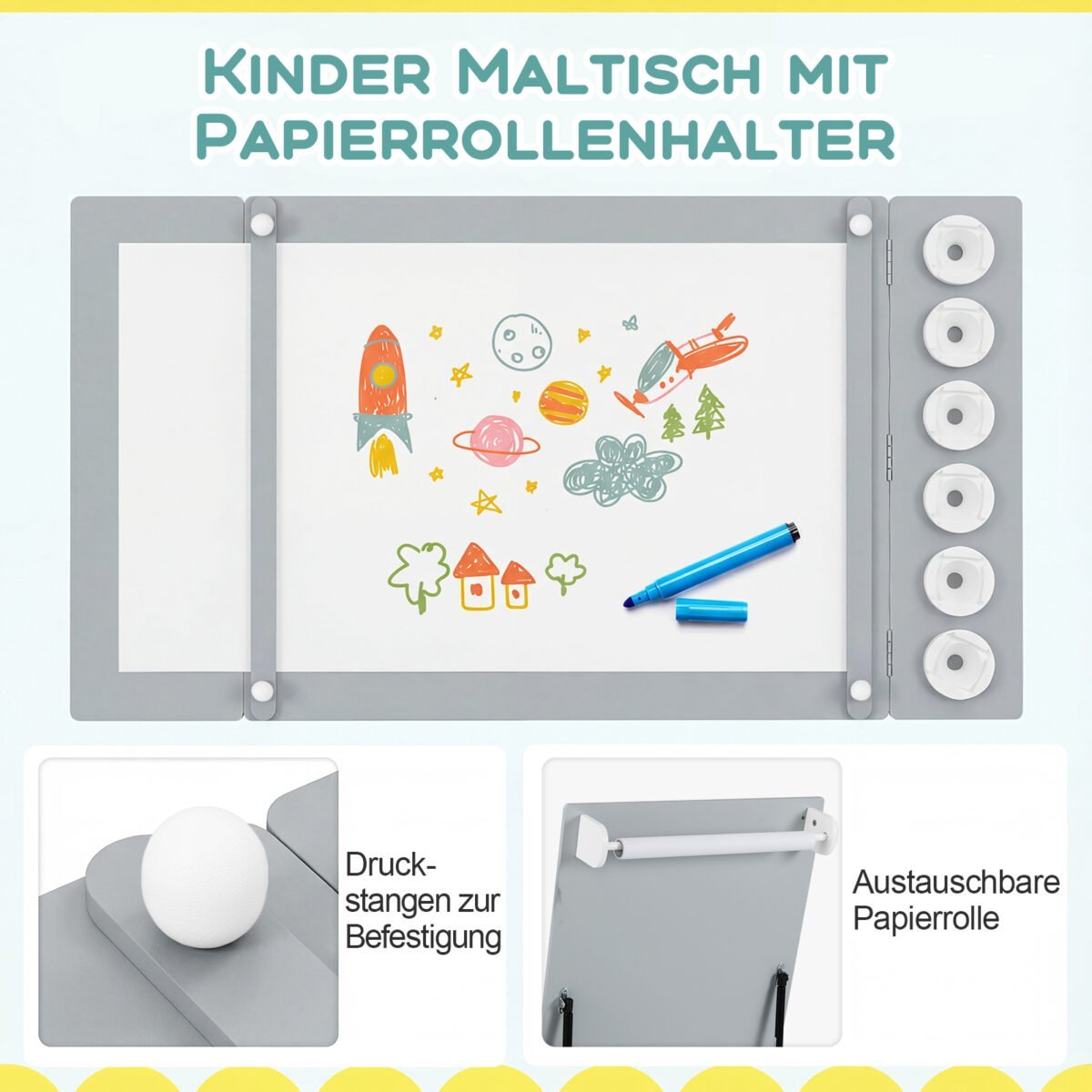 Daugiafunkcis 2-in-1 vaikiškas piešimo staliukas ir molbertas su 2 kėdutėmis (Pilka) – Paveikslėlis 5