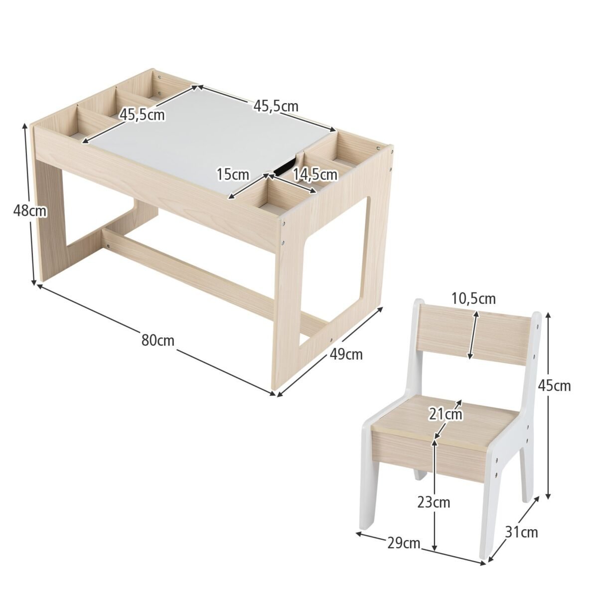 Daugiafunkcis vaikiškas stalas su 2 kėdėmis ir dvipuse lenta (Natūrali) – Paveikslėlis 2