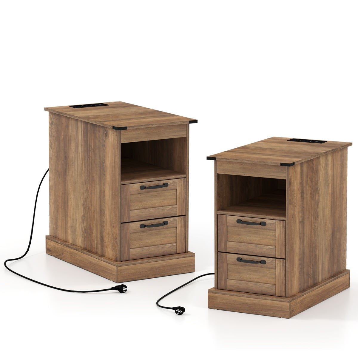 Du naktiniai staliukai su įkrovimo stotele ir stalčiais (Ruda)