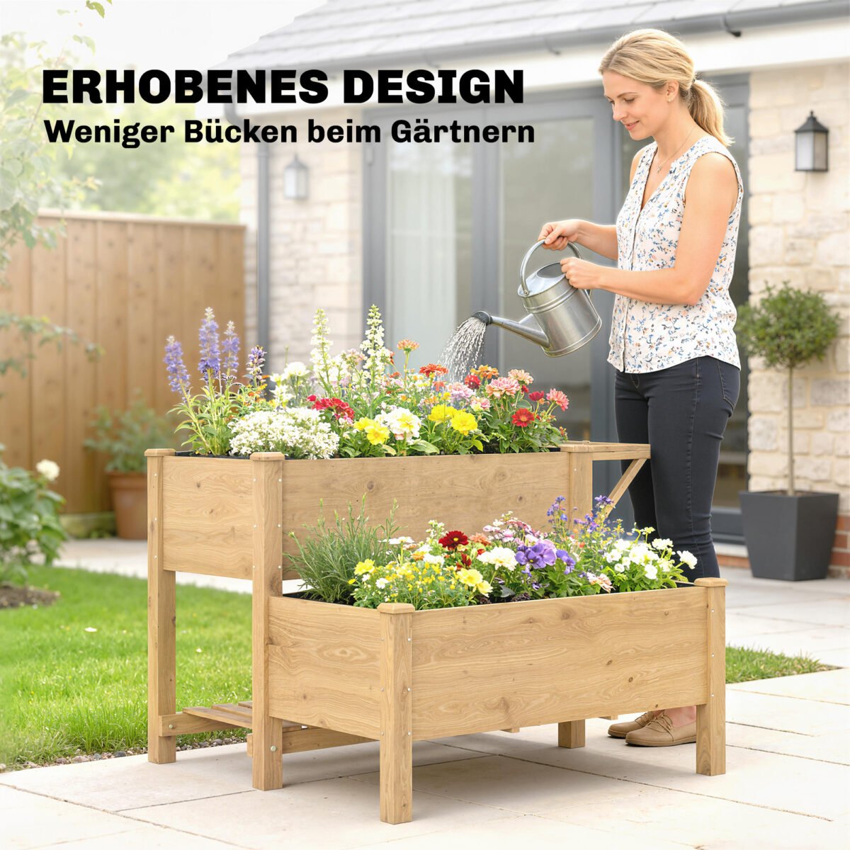 Dviaukštė medinė pakelta lysvė su lentynomis – Paveikslėlis 6