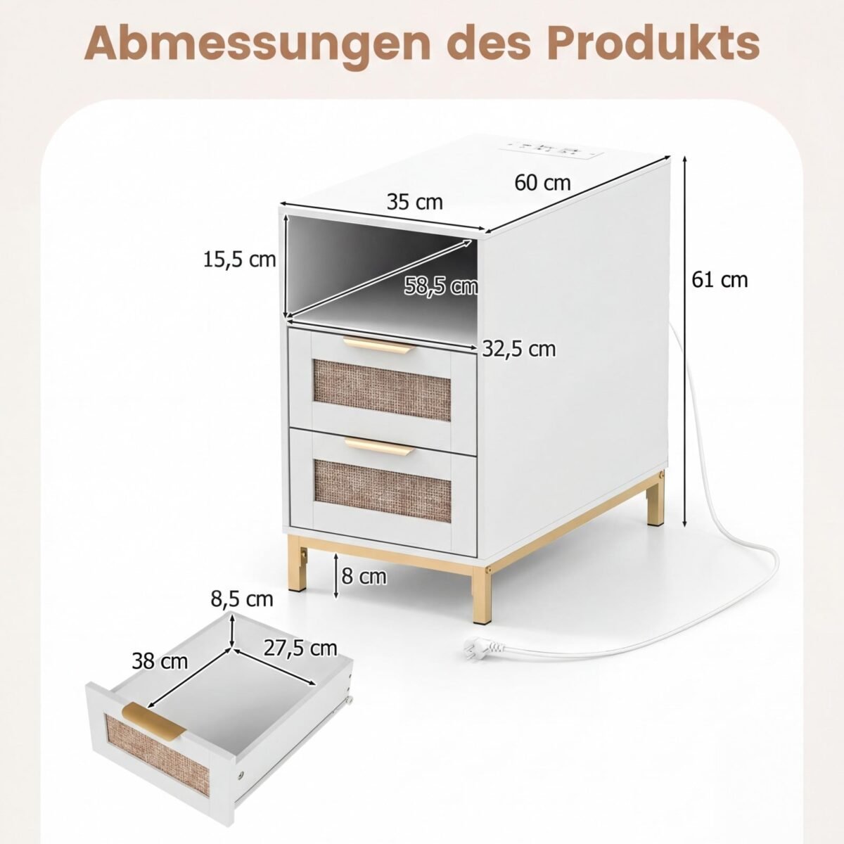 Dviejų dalių naktinių staliukų komplektas su įkrovimo stotele ir 2 stalčiais (Balta) – Paveikslėlis 2