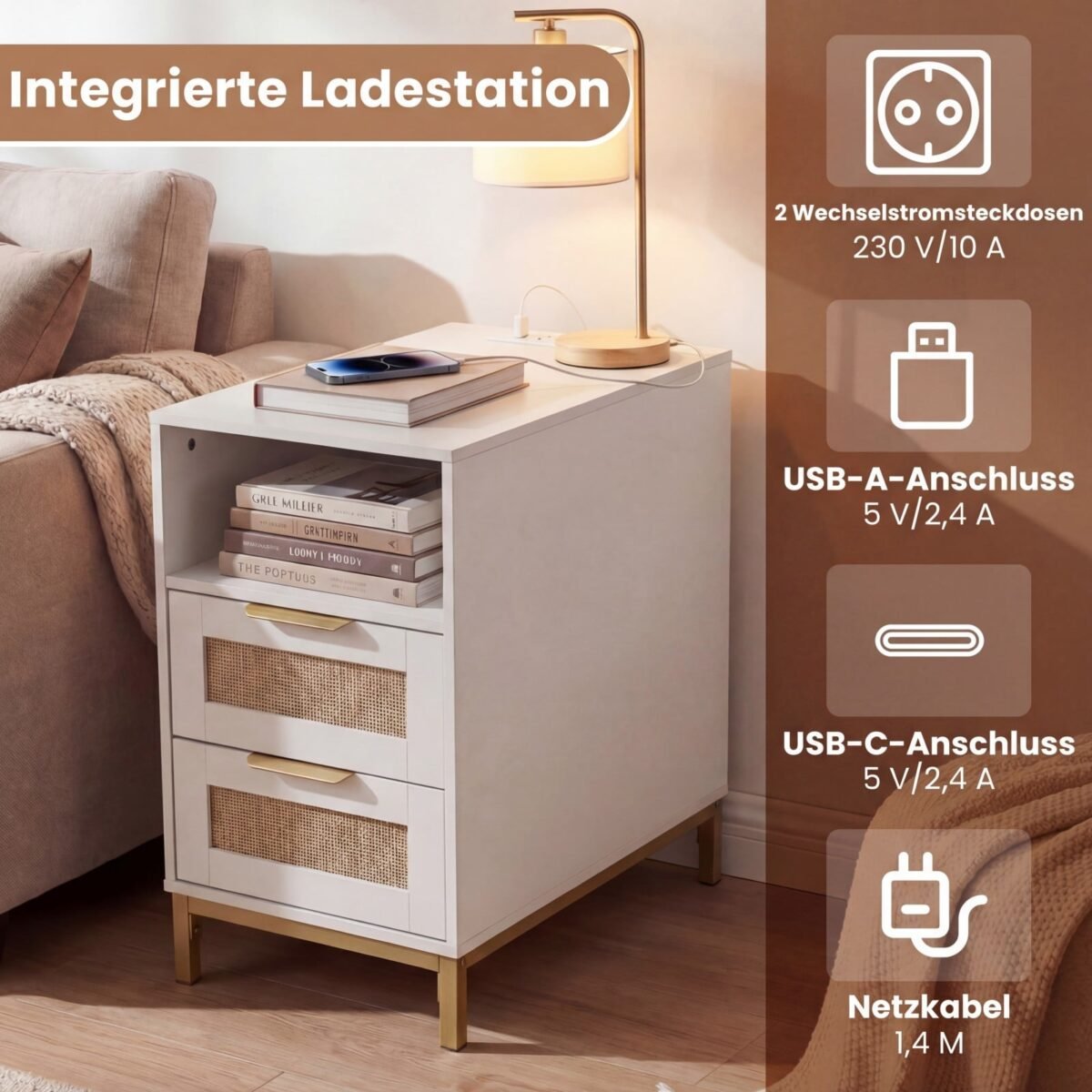 Dviejų dalių naktinių staliukų komplektas su įkrovimo stotele ir 2 stalčiais (Balta) – Paveikslėlis 3