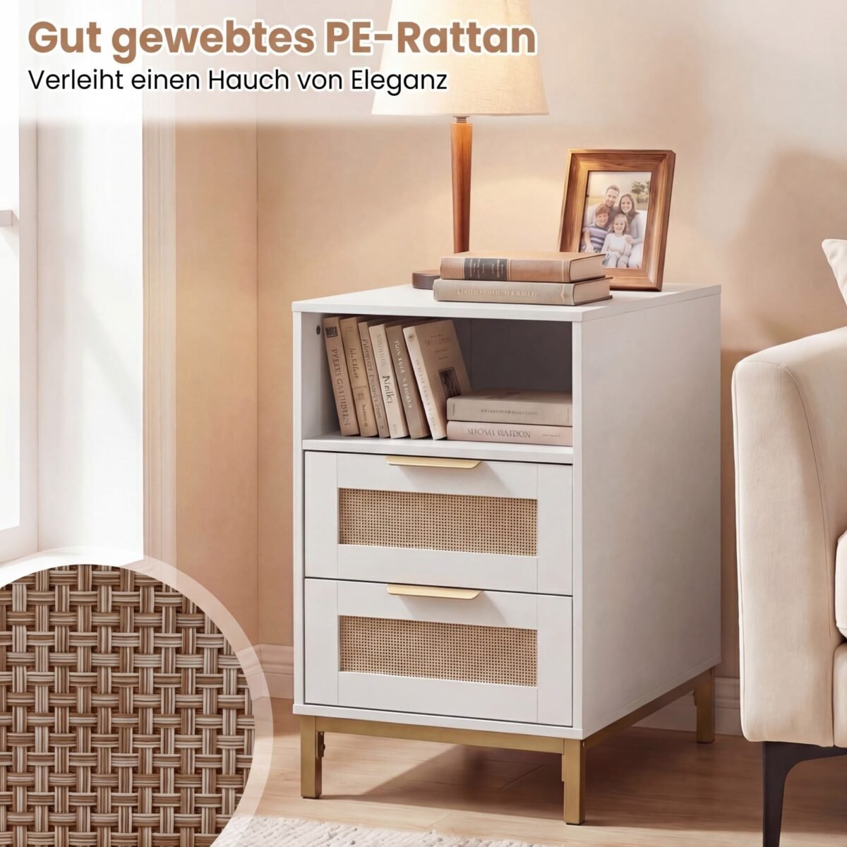 Dviejų dalių naktinių staliukų komplektas su įkrovimo stotele ir 2 stalčiais (Balta) – Paveikslėlis 5