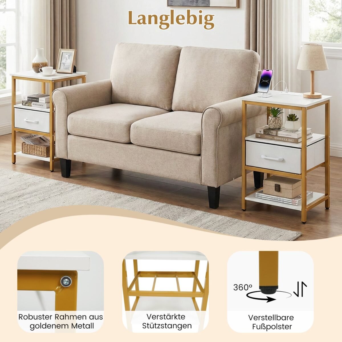 Dviejų dalių naktinių staliukų komplektas su įkrovimo stotele ir lanksčiu stalčiumi (Balta) – Paveikslėlis 5