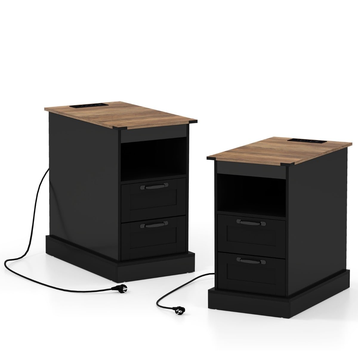 Dviejų naktinių staliukų komplektas su įkrovimo stotele ir stalčiais (Juoda)