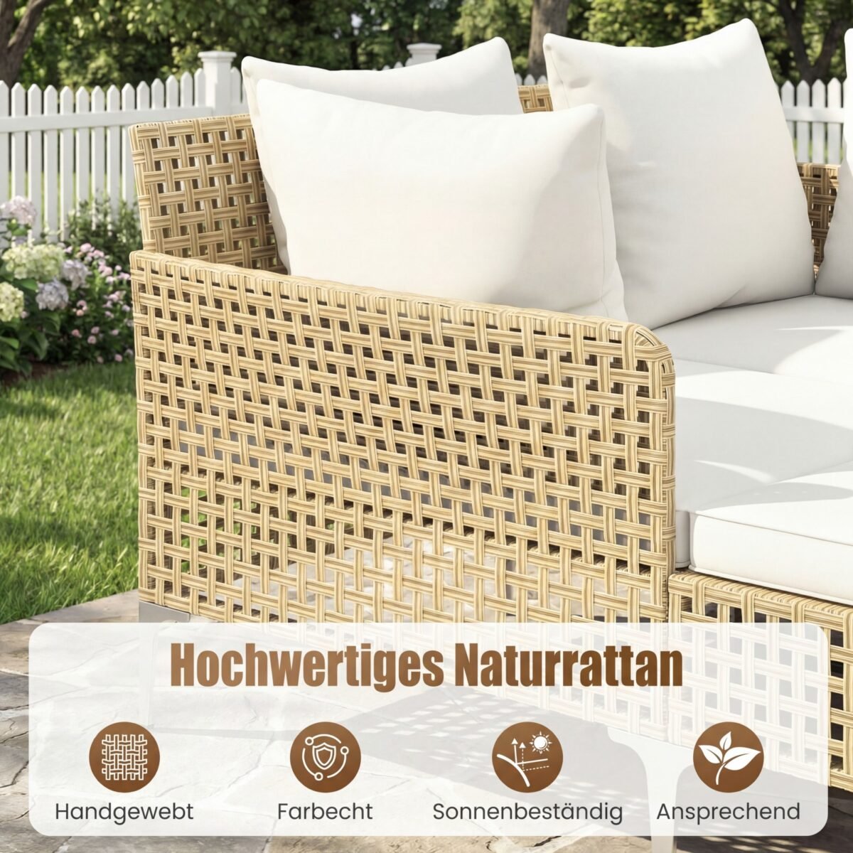 Rataninis dvigulis gultas su pagalvėlėmis sėdynei ir nugarai (Smėlio spalvos)