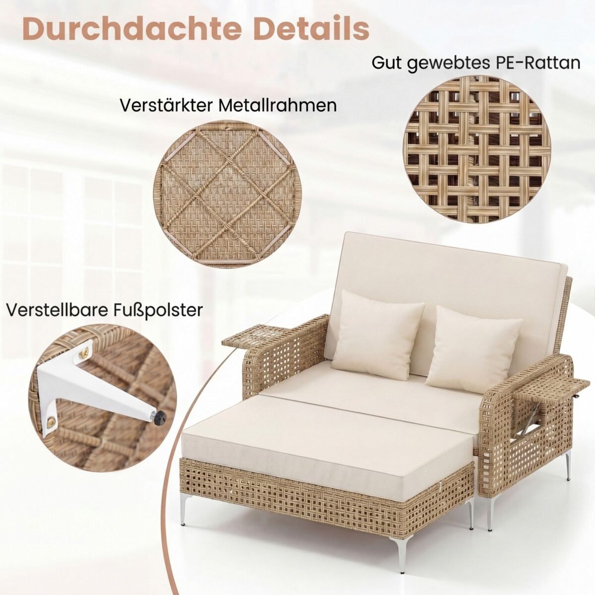 Dvivietė lauko sofa-lova su daiktadėže ir reguliuojamu atlošu (Smėlio) – Paveikslėlis 10