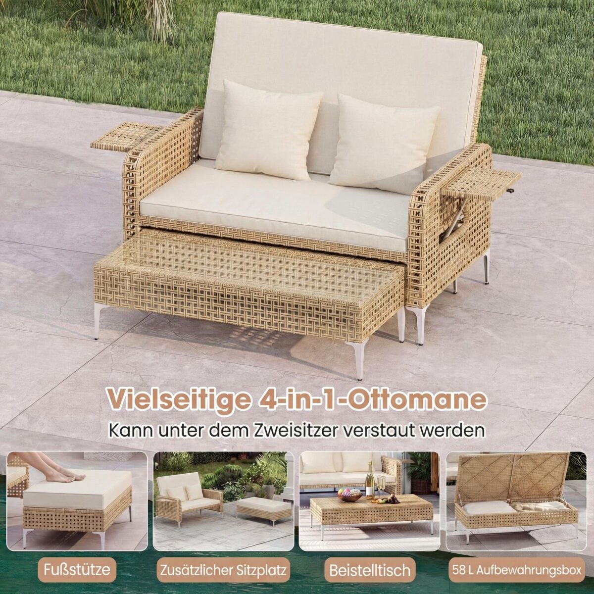 Dvivietė lauko sofa-lova su daiktadėže ir reguliuojamu atlošu (Smėlio) – Paveikslėlis 6