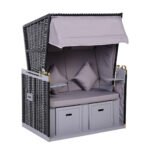 Dvivietis sodo krėslas-gultas su reguliuojamu atlošu ir ištraukiamomis kojų atramomis