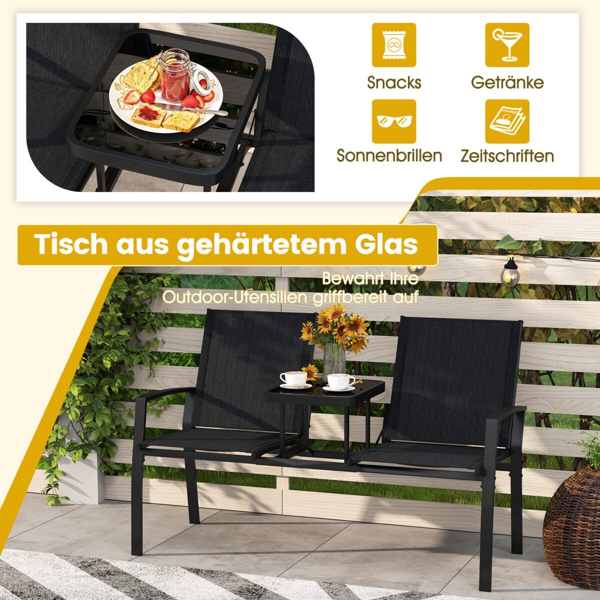 Dvivietis sodo suoliukas su integruotu staliuku (Juoda) – Paveikslėlis 4