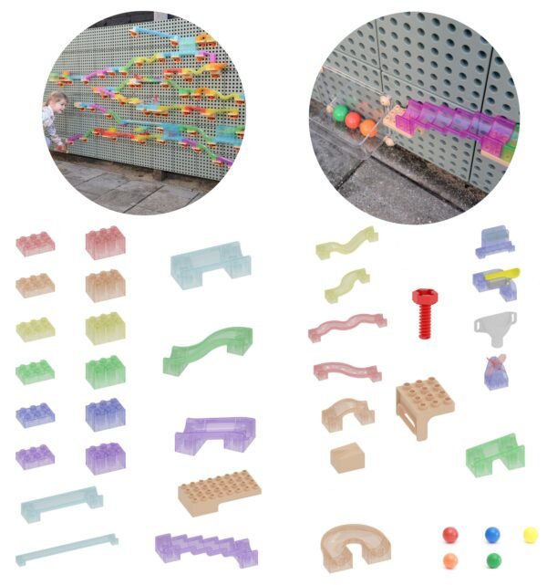 Edukacinis konstravimo rinkinys kamuoliukų trasai su STEM lenta