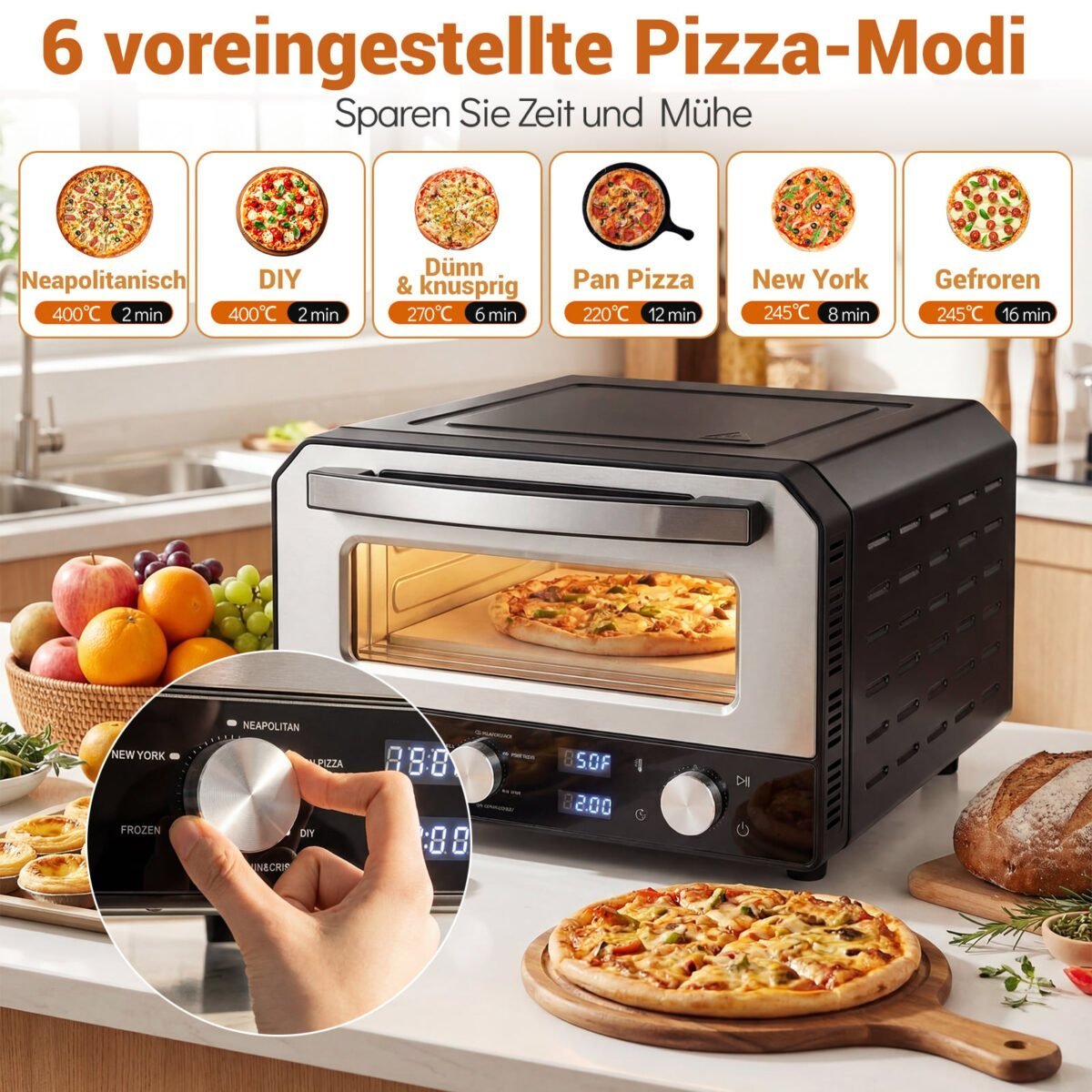 Elektrinė stalviršinė picos krosnelė su 6 programomis ir 400°C (Juoda)
