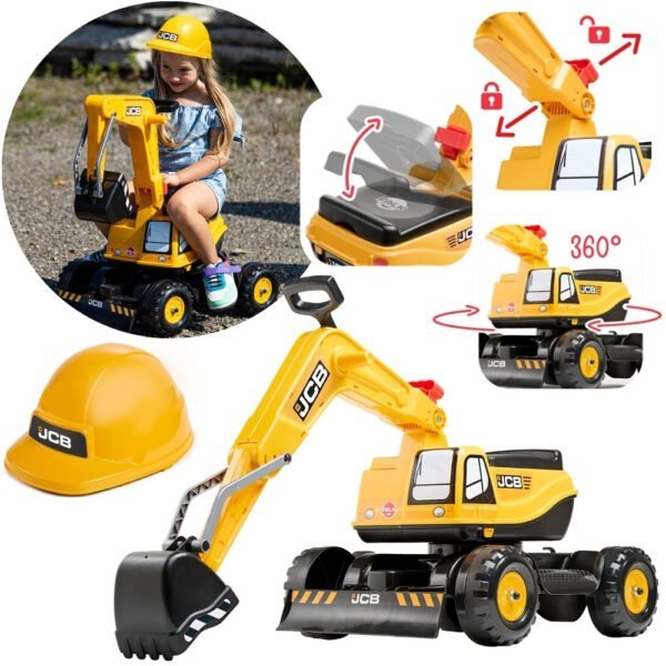 Geltonas sėdimasis ekskavatorius su pasukama strėle ir šalmu