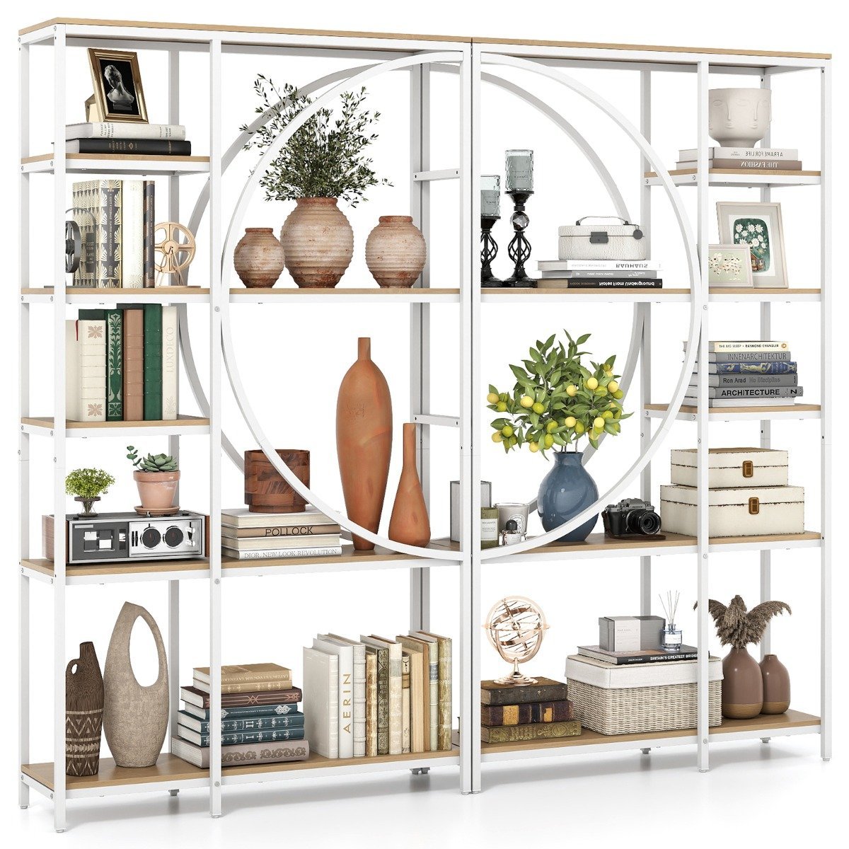 Geometrinių ir atvirų knygų lentynų komplektas su metaliniu rėmu (Balta)