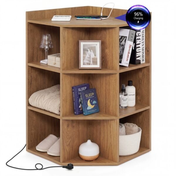 Kampinė knygų lentyna su integruota įkrovimo stotele (Natūrali)