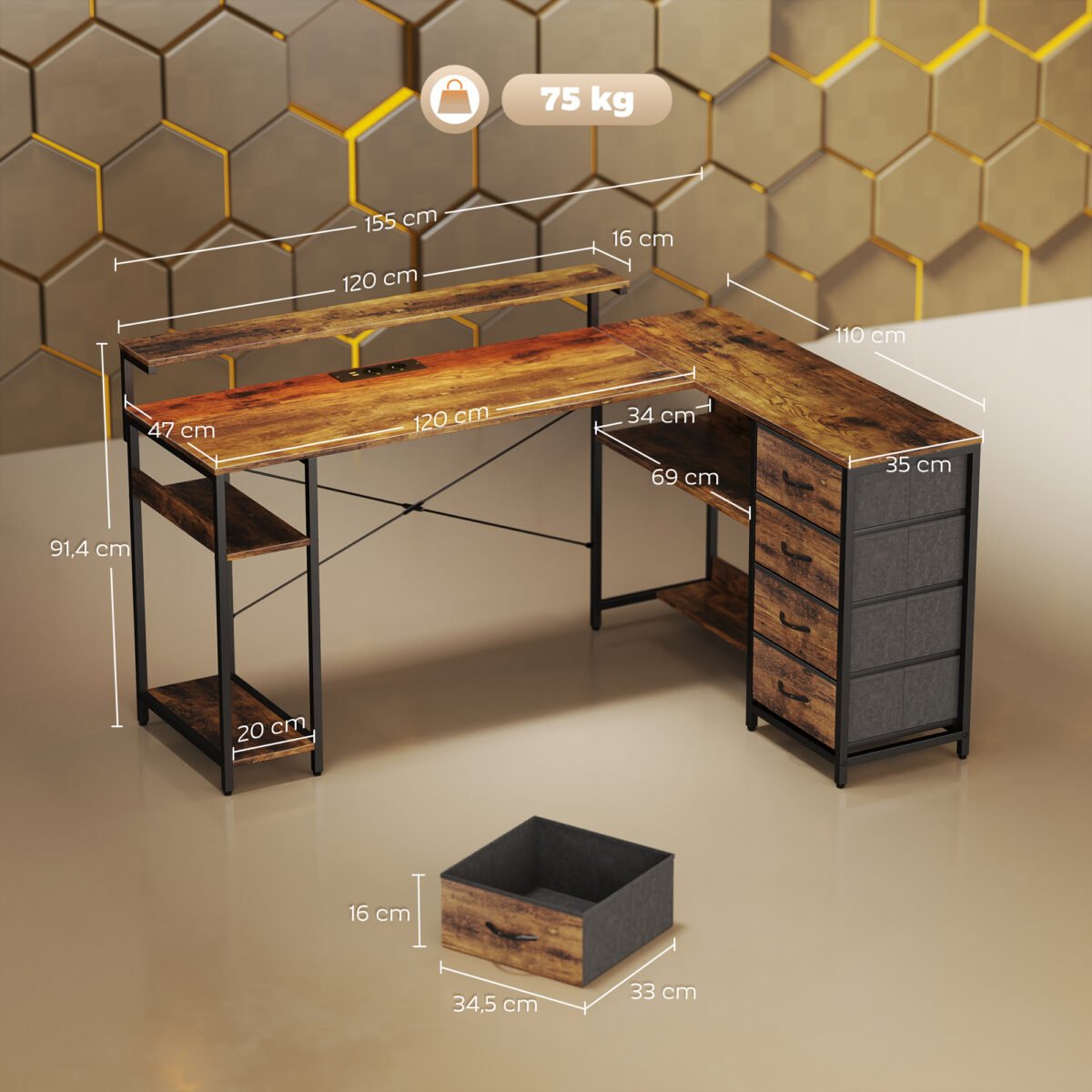 L formos žaidimų stalas su LED apšvietimu ir monitoriaus stovu – Paveikslėlis 3