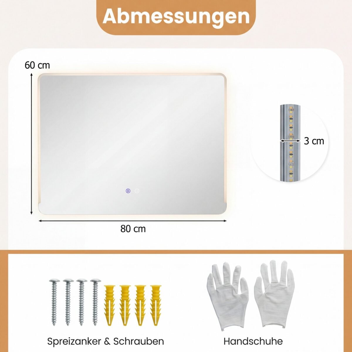 LED vonios veidrodis su 3 spalvų apšvietimu ir apsauga nuo rasojimo 80 x 60 cm (Sidabrinė) – Paveikslėlis 2